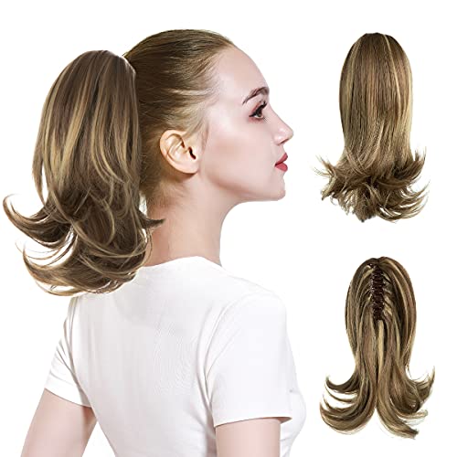 CJL HAIR Short Claw Clip Ponytail Extension Drawstring Curly Fake Faux Jaw Balayage Hairpiece Hair Piece Wavy High Pony Tails Synthetic Heat Friendly Fiber for Women Girls Kids