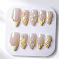 Medium Almond French Tip Press On Nails with 3D Flower & Pearl Design - Gold Beads Fake Nail Kit for Women