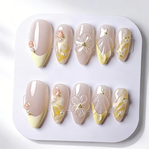 Medium Almond French Tip Press On Nails with 3D Flower & Pearl Design - Gold Beads Fake Nail Kit for Women