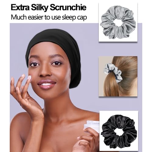 Sleep Cap Bonnet for Sleeping Black Women, Adjustable Cooling Ice Silk Lined Bonnet for Curly Braids Hair Cover Beanie Hat