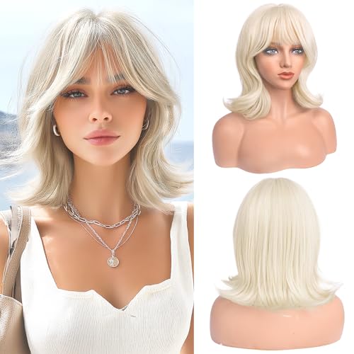 Haloo 14-Inch Blonde Bob Wig with Bangs - Wavy Medium Synthetic Hair
