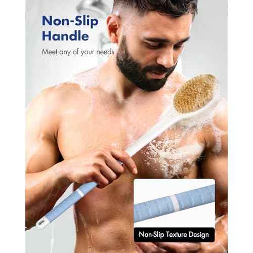Back Scrubber Body Shower Brush: 20.5¡®¡¯ Extra Long Anti Slip Handle Bath Brush with Stiff and Soft Bristles - Showering Exfoliator Wet or Dry Brushing for Women, Men, Elderly (Blue)