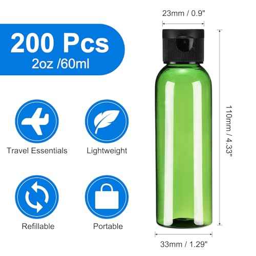 uxcell 2 Oz Plastic Bottles with Flip Caps, 200 Pcs Reusable Travel Size Containers with Lids Plastic Squeeze Refillable Dispensing Bottles for Shampoo, Body Soap, Toner(Green Black)