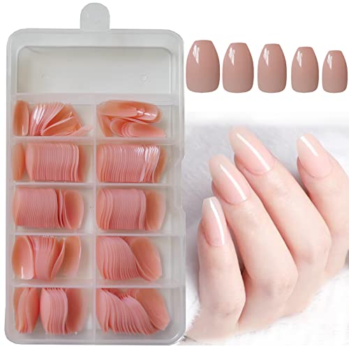 LoveOurHome 240pc Short Coffin Press on Nails Colored Ballerina False Nails Glossy Artificial Fingernails Full Cover Tips with Adhesive Tabs (Nude)