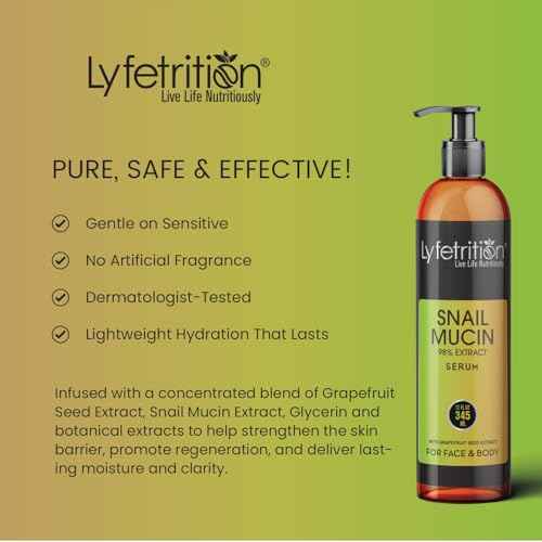 Lyfetrition Snail Mucin 98% Power Repairing Serum with Hyaluronic Acid & Aloe Vera, Skin Repair Serum, Moisturizing Serum Essence for Soothing, Reducing Fine Lines Deep Nourishing (12 Fl Oz)