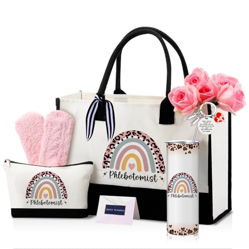 Geiserailie 8 Pcs Phlebotomist Gifts for Women Including Large Tote Bag Cosmetic Bags Tumbler Cup Plush Socks Metal Keychain Card and Envelope for Phlebotomy Thank You Gifts