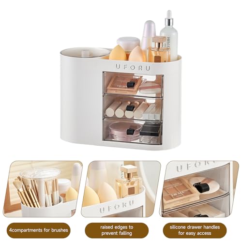 Makeup Organizer with Pop-Up Brush Holder for Dresser Vanity, Plastic Bathroom Counter Organizer with 3 Drawers & Dust-Proof Cover, Cosmetic Display Case for Lipstick, Skincare, White