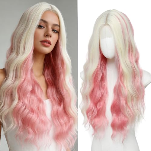 Blonde Pink Long Wavy Wig 26 Inch - Heat-Resistant Synthetic Fiber