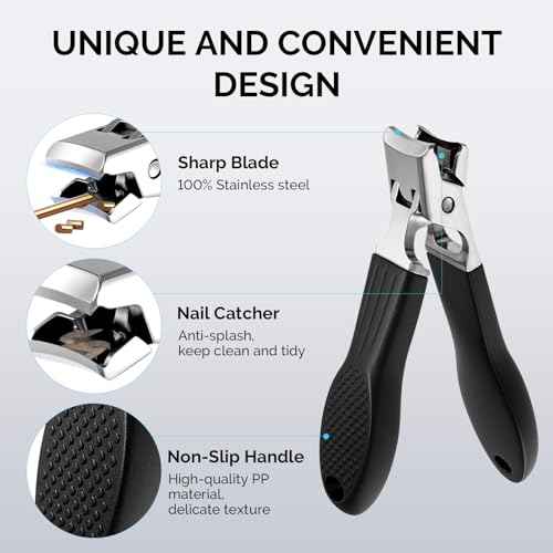 MelodySusie Wide Jaw Opening Nail Clippers Set, 2 pcs Toenail Clippers for Seniors Thick Nails, Anti-Splash Curved and Slanted Nail Clippers for Men Women, Fingernail Cutter with Catcher, Black