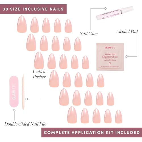 Glamnetic Press-On Nails & Adhesive Nail Tabs - Los Angeles | Blush Nude Pink Short Almond Nails in Glazed Finish | 15 Sizes - 30 Nail Kit with Adhesive Tabs
