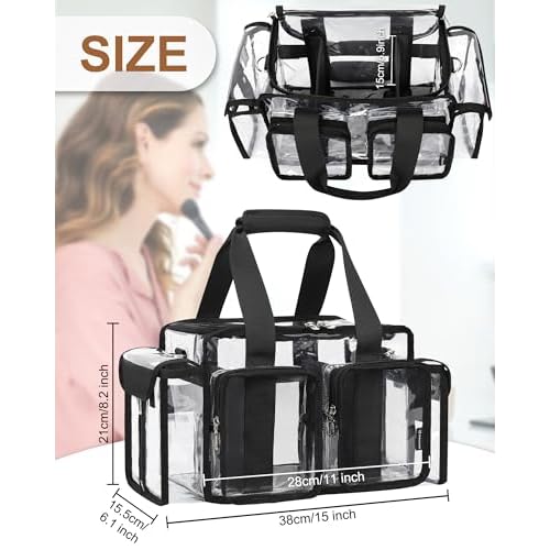 Relavel Clear Makeup Bag Professional Makeup Artist Kit Set Travel Cosmetic Organizer Case Transparent Stadium Approved Tote Bag Toiletry Lunch Duffle Work Shoulder Bag with Adjustable Dividers, Black