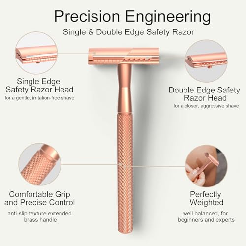 Safety Razor for Women, Reusable Metal Razor, with 10 Double Edge Blades, Smooth Close Gentle Shave, Plastic Free, Rose Gold