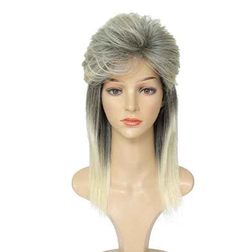 ByouByou Mullet Wigs for Women Curly Synthetic Heat Resistant Shoulder Length Hair 80s Rocker Cosplay Wigs (Blonde Mixed Black)