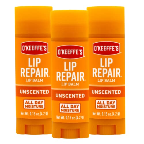 O'Keeffe's Unscented Lip Repair Lip Balm for Dry, Cracked Lips, Stick, (Pack of 3)