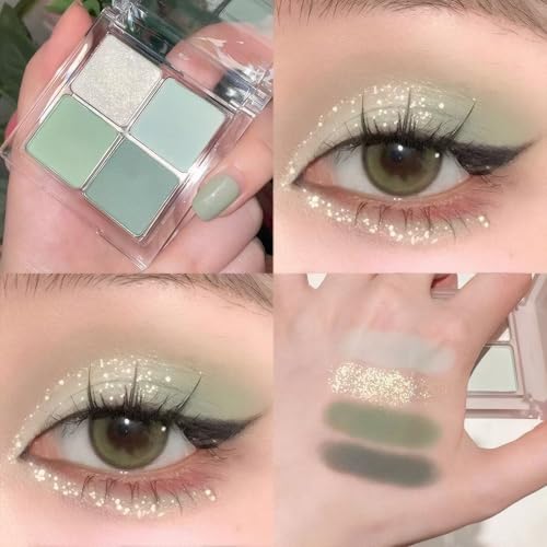 Matte Light Green Eye Shadow Makeup Palette 4 Colors, Matte Glitter Highly Pigmented Mint And Seafoam Green Waterproof Eyeshadow Palette For Woman