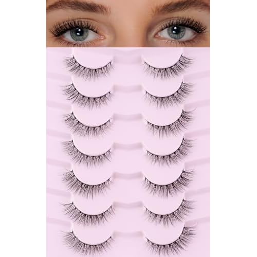 Natural Cat Eye Lashes False Eyelashes Natural 12mm Wispy Eyelashes with Thin Band 3D Volume False Lashes Soft Eye Lashes Pack C Curl Natural Eyelashes Fake Lashes 7 Pair EVENTILL