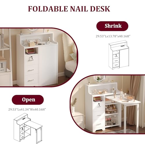 Foldable Nail Desk with Power Outlets & Storage - White
