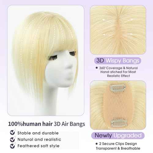 Bleach Blonde Real Human Hair Topper with Bangs Covers Thinning Crown, Clip-In Hair Topper for Thinning Hair (10Inch)