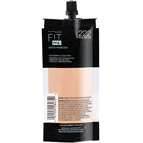 Maybelline New York Fit Me Matte + Poreless Liquid Foundation, Pouch Format, 222 True Beige, 1.3 Ounce