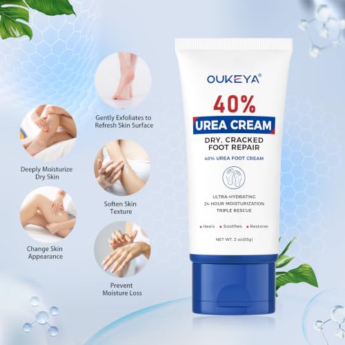 OUKEYA 40% Urea Cream - Foot & Hand Moisturizer for Dry Cracked Skin, 3 oz