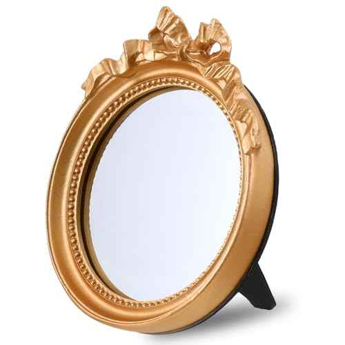 Small Wall Mirror 4.2'' Gold Vintage Makeup Desk Mirror Traditional Roundness Table Mirror Antique Mirror with Resin Frame Decorative Hanging Mirror for Bedroom Bathroom Tabletop Wall