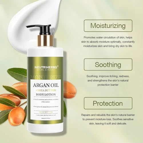 Neutriherbs Body Lotion for Women and Men, Argan Oil + Shea Butter Body Cream, Deep Moisture and Soothin Skin, Plump Bottle - 13.52 Fl Oz