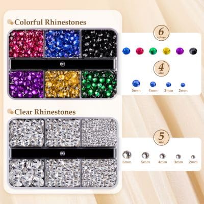 Colorful Face Gems Kit with Makeup Glue, 2-6mm Clear Glass Round Flatback Crystal + 2-5mm Gorgeous Resin Rhinestones for Eye Hair Makeup Body Art Manicure DIY Crafts with Dot-Brush Pen, Pickup Tools