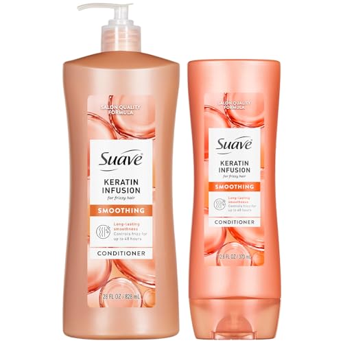 Suave Keratin Infusion Smoothing Conditioner 2-Size Bundle, Gentle Everyday Moisture for Smooth, Manageable Hair, 48H Frizz Control