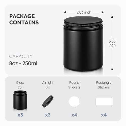 8 oz Black Glass Jars with Metal Lids - Set of 3, Black-Black Lids