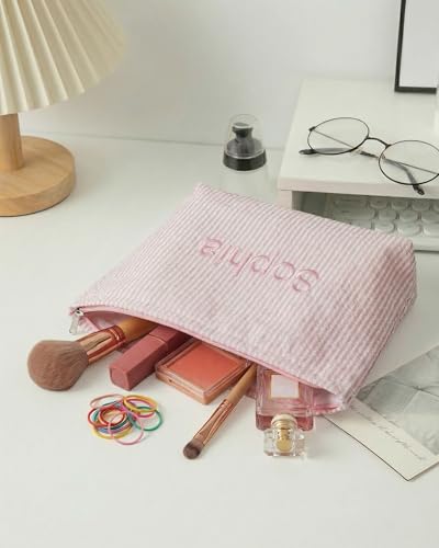 Custom Embroidered Seersucker Makeup Bag - Personalized Striped Pouch