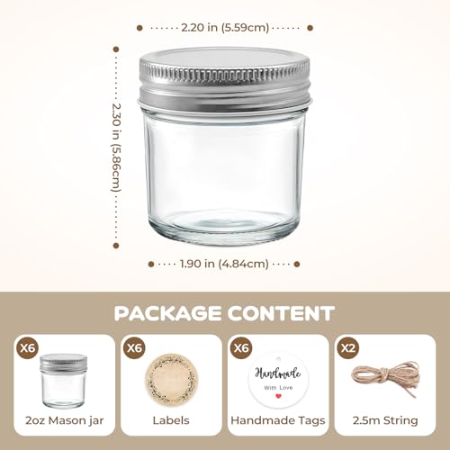 6 Pack 2oz Mini Mason Jars with Airtight Lids