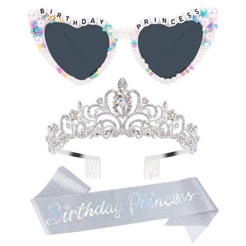 VelSCRUN AB Color Princess Tiara Crown & Sash Set for Girls Women, Birthday Party Accessories