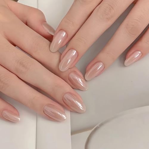 Modelones Pink Chrome Press On Nails Short Almond 32Pcs A4-Pink Chrome