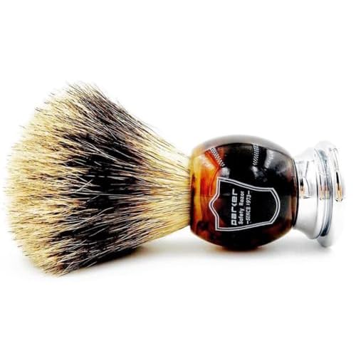 Parker 3-Band Pure Badger Shaving Brush with Faux Horn & Chrome Handle + Stand | 22mm Soft Knot for Dense Lather | Handcrafted Wet Shaving Brush for Cream or Soap | Long Loft