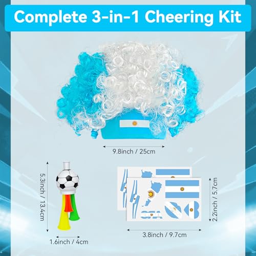 Argentina Soccer Fan Gear Set – Clown Wig, Tattoos & Horn