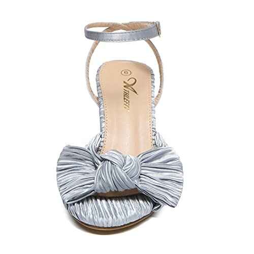 Athlefit Women's Open Toe Chunky Heels Pleated Bow Ankle Strap Heeled Sandals Wedding Bridal Shoes