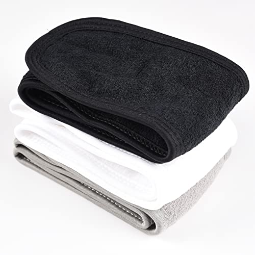 alileona Spa Facial Headband Adjustable Makeup Hair Band with Magic tape Shower Terry Cloth Headbands（Black,White,Gray