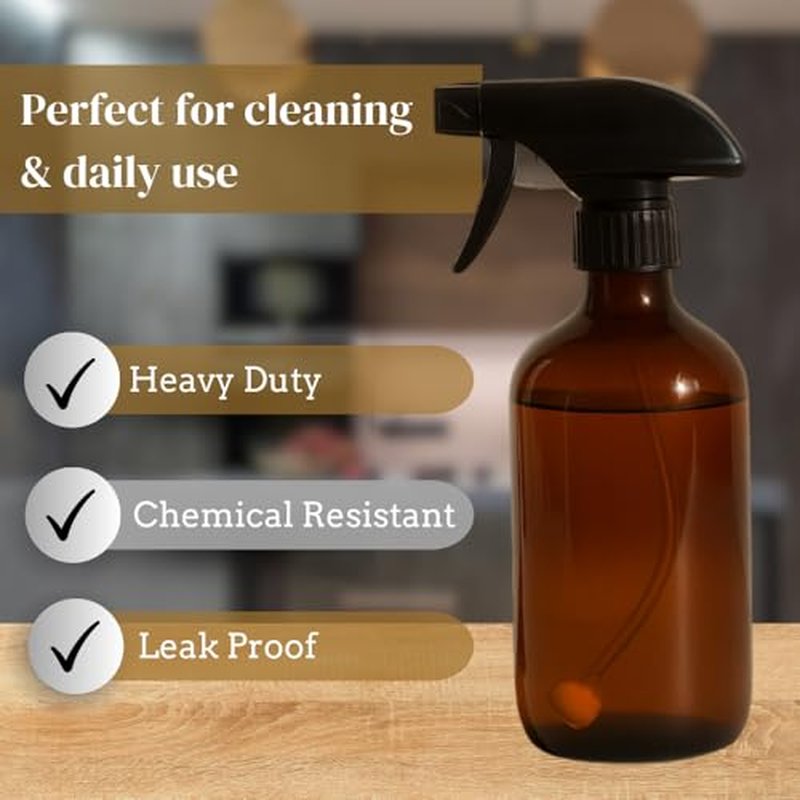 16oz Heavy Duty Amber Spray Bottles (2 Pack) - 360° Angle Spray