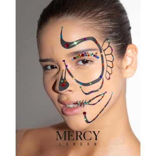 Day of the Dead Face Jewels by Mercy London Skeleton Costume Accessories Gems All In One Halloween Stick On Sticker