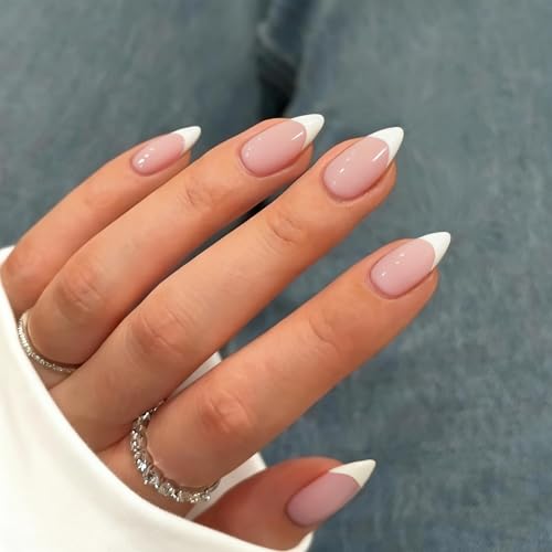 SXVME Almond White French Tip Press On Nails Short Classic Manicure Kit with Glue