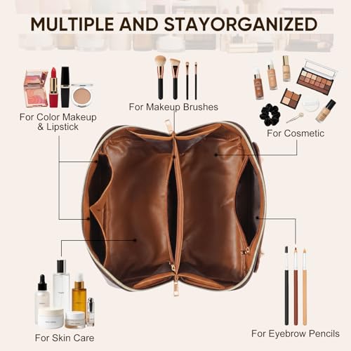Leather Travel Makeup Bag, Large Capacity Cosmetic Bag for Women, Waterproof Portable Pouch with Divider, Toiletry Organizer with Handle, 10.5x5x5 Inches, Deep Brown