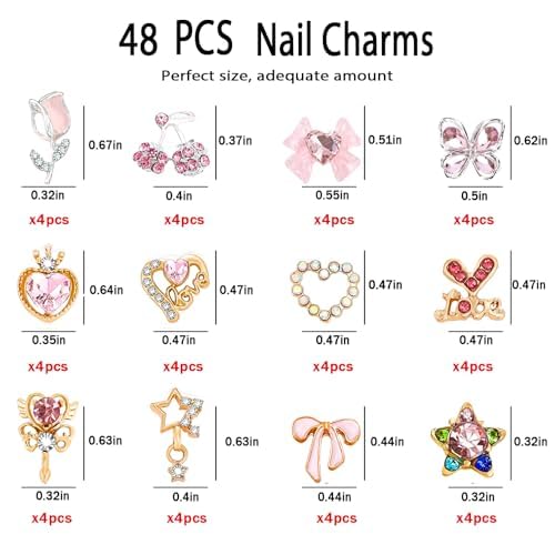 48PCS Nail Charms, Nail Rhinestones Kit with Nail Gems, 3D Nail Charms and Gems Charms for Nails, Nail Art Accessories Rhinestones