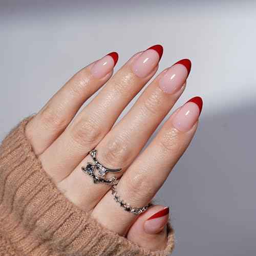 French Tip Press on Nails, Short Press on Nails Almond Reusable Glossy Red Nails Soft Gel False Nails Press ons for Women, 16 Sizes 32 Count Nails Kit with Glue (SV-12)