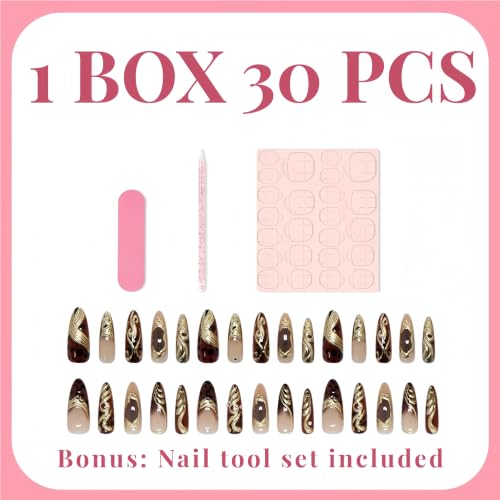 Y2K Gold Line Press-On Nails with Rhinestones & Leopard Print for Women