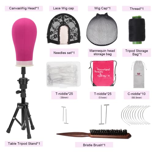 23 Inch Canvas Wig Mannequin Head with Tripod Stand for Wigs Making Display with T Pins Set Bristle Brush(Rosy)