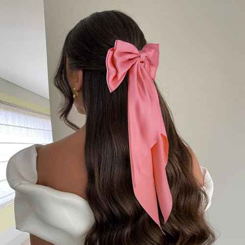 6Pcs Large Bows Hair Clips for Women Girls Long Tail Hair Ribbon Silky Satin Barrettes Coquette Bows Accessories (Black/Pink/Red/White)