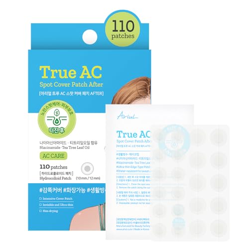 Ariul True AC Spot Cover Patch ? Hydrocolloid Acne & Pimple Patches with Niacinamide & Tea Tree, Invisible Cover, 110 Count (10mm x 60 + 12mm x 50)
