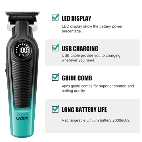 VGR Hair Trimmer for Men, Cordless Hair Clippers with 7000RPM Motor, Ceramic Titanium Blade Beard Trimmer, LED Display, USB Rechargeable Grooming Tool for Beard Hairline Detail, V-996(Green)