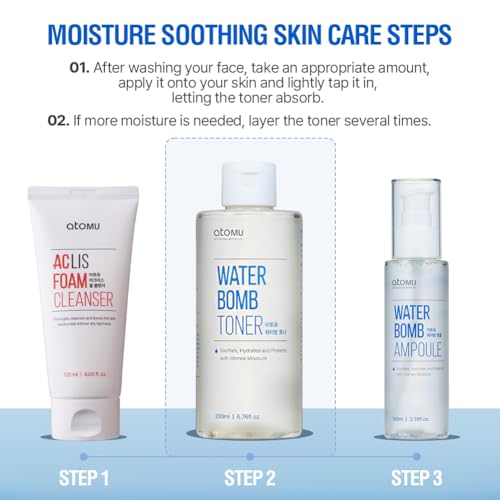 Atomu Water Bomb Toner, Moisturizing Soothing Mildly Acid Toner, Hypoallergenic, Exfoliating, Hydration Boost (6.76 fl.oz.)
