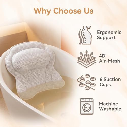 Bath Pillow with Neck & Back Support - 4D Mesh, Suction Cups